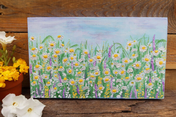 Meadow painting with white flowers and pastel colours