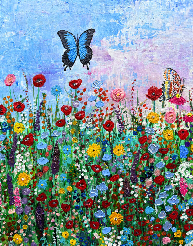 Ulysses butterfly textured painting flying over a meadow