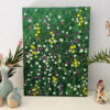 Textured painting with native australian flowers. Green backrgound, white, yellow and pink flowers.