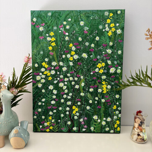 Textured painting with native australian flowers. Green backrgound, white, yellow and pink flowers.
