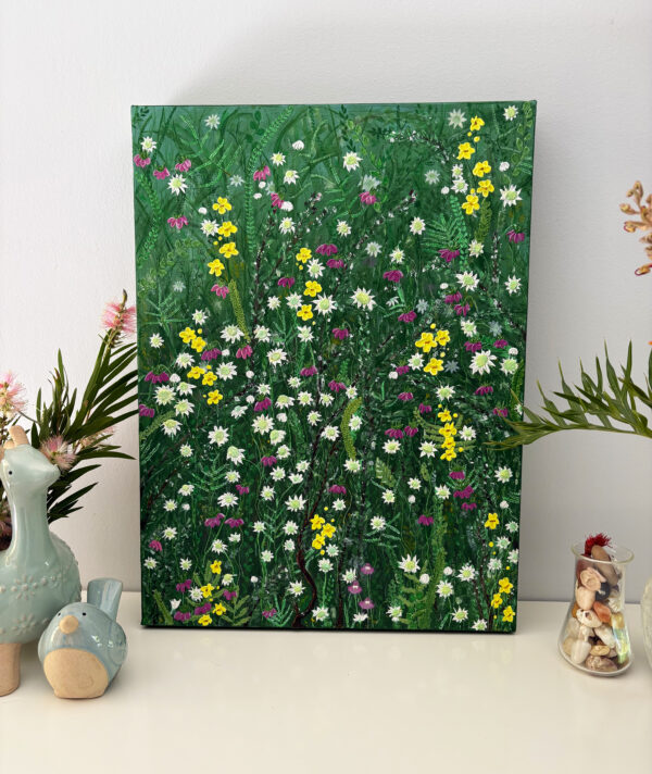 Textured painting with native australian flowers. Green backrgound, white, yellow and pink flowers.